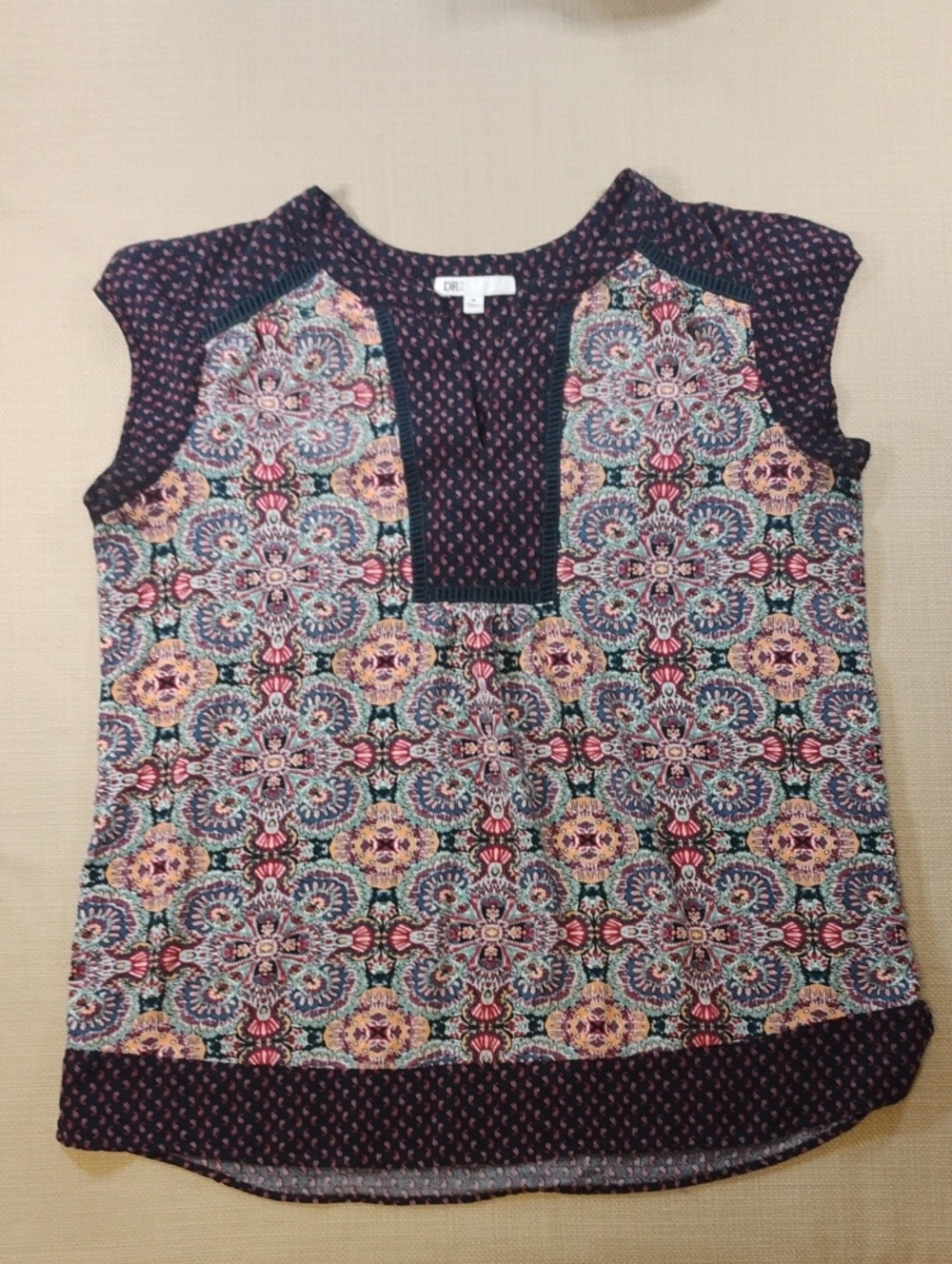 Women's Size Medium DR2 Navy Multicolor Mosaic Cap-Sleeve Camisole
